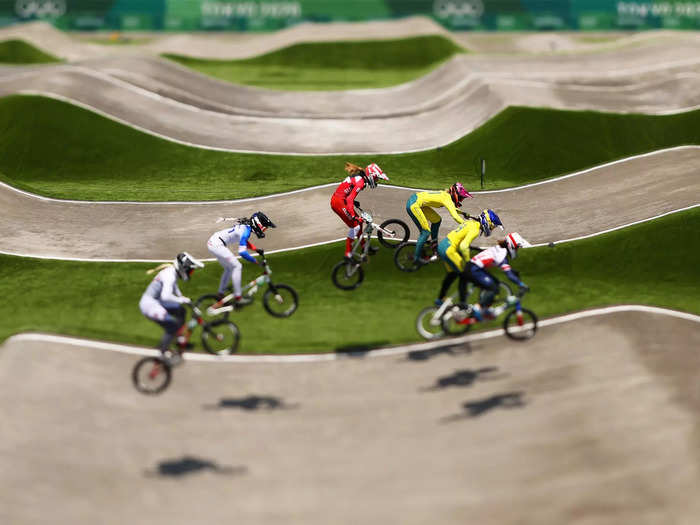 7/29: Zoe Claessens of Team Switzerland, Vineta Petersone of Team Latvia, Manon Valentino of Team France, Bethany Shriever of Team Great Britain, Saya Sakakibara of Team Australia, and Lauren Reynolds of Team Australia jump during the Women