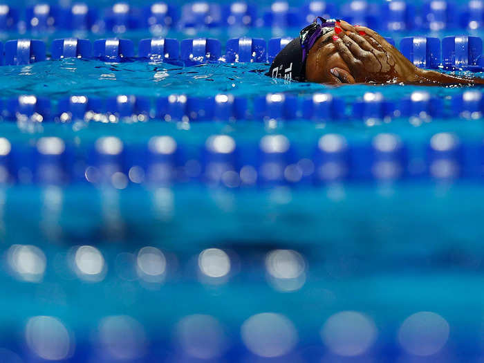 6/20: Simone Manuel reacts to punching her ticket to the Tokyo Olympics after winning the 50m Freestyle final at US Olympic Team Swimming Trials.