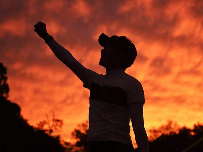 5/28: Misuzu Narita of Japan celebrates after making an eagle during the second round of the Resorttrust Ladies in Toyota, Aichi, Japan.