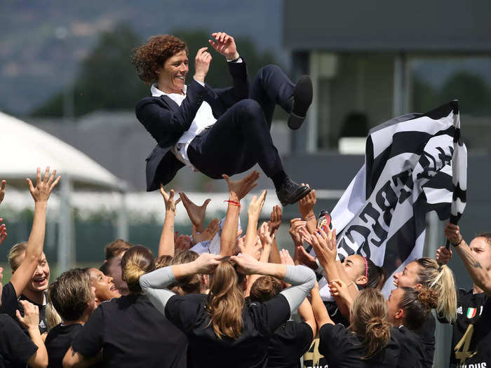 5/8: Juventus players throw head coach Rita Guarino into the air after the team secured its fourth Serie A title in four years.