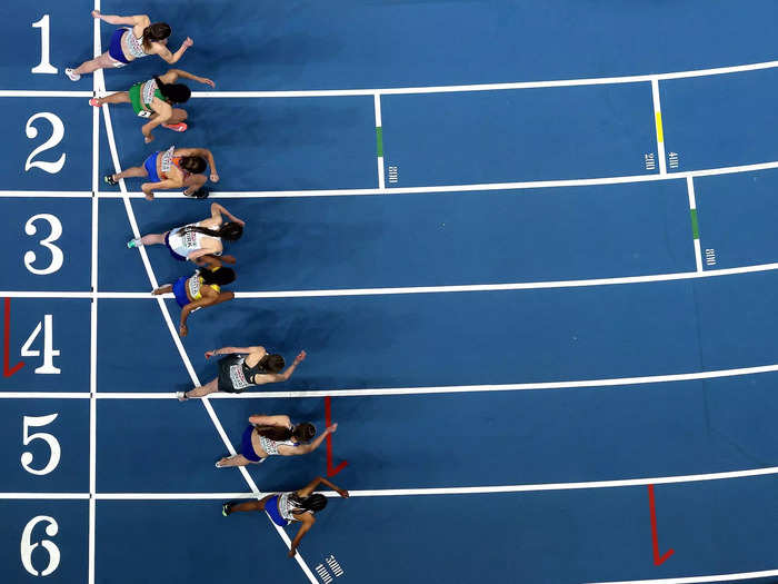 3/5: Runners begin the 3000 meters at the European Athletics Indoor Championships in Torun, Poland.