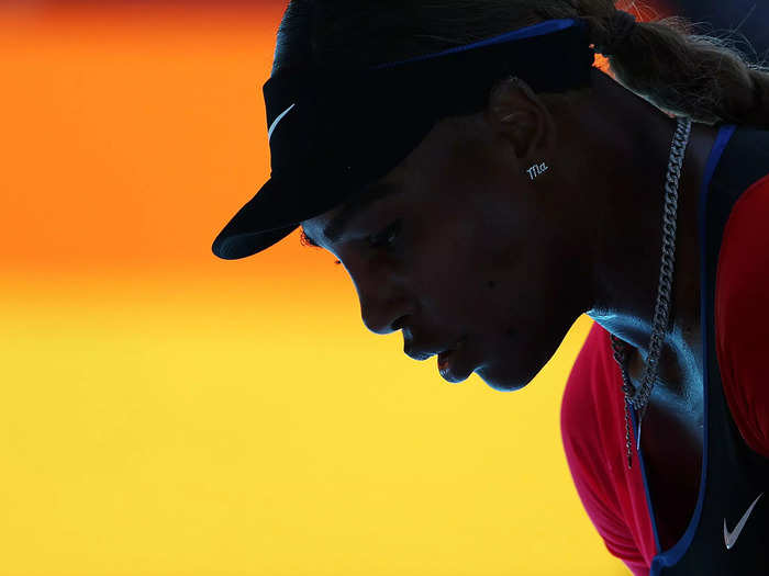 2/18: Serena Williams prepares for a point during her Australian Open semifinal match against Naomi Osaka.