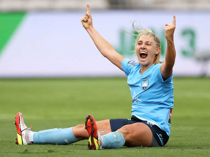 12/4: Remy Siemsen of Sydney FC celebrates scoring a goal during an A-League Women match in Sydney, Australia.