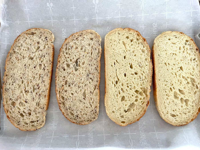 Then I placed four slices of bread onto a second sheet pan and threw those into the oven as well.