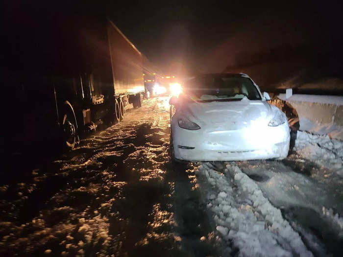 The driver of a Tesla said he was concerned about the effect of the 19-degree temperatures on his battery charge, and and asked if there was a way to draw power from Marchand’s rig.