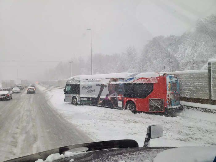 He even passed a municipal bus that had slid off to the shoulder.