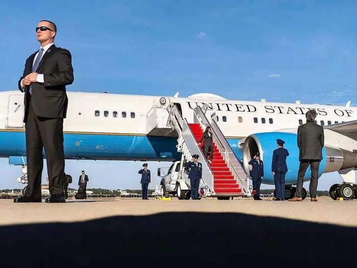 June 18, 2021: Harris disembarked from Air Force Two as the Secret Service kept watch.