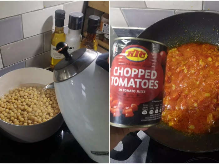 Drain the chickpeas from the tin and add them to boiling water in a separate pan. When the oil rises to the top of the onion and spice mixture, add the tomato can.