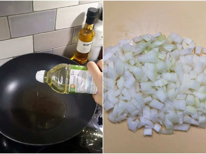 Add sunflower oil to a deep pan until the base is covered by a depth of no more than 1 centimeter, and chop the onions.