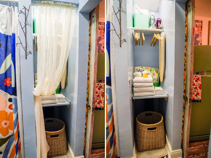 Inside the bathroom, the closet door was replaced by a curtain.