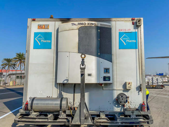 Cold storage containers help keep the vaccines cool in the Dubai heat so that they don