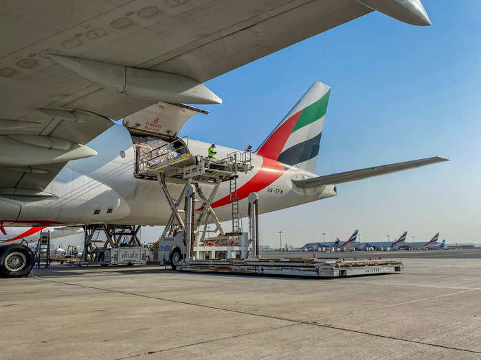 Weight and balance concerns dictate the loading and unloading of the aircraft. Freight handlers focus first on offloading the rear of the aircraft and cargo loaders start by unloading the upper and lower cargo holds simultaneously.