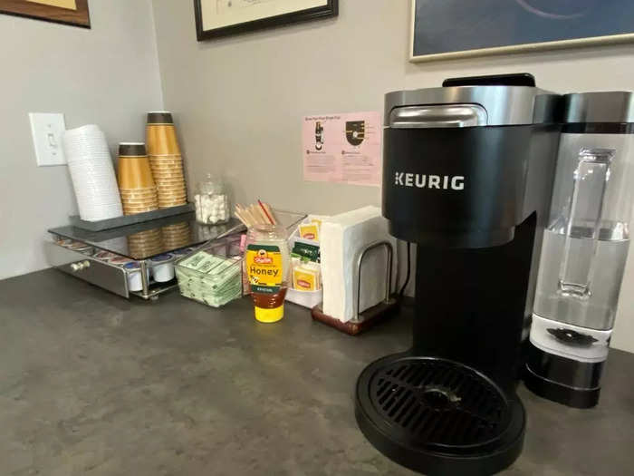 There was also a Keurig coffee machine stocked with plenty of K-cups and cream and a hot water machine for tea. I helped myself to a Dunkin