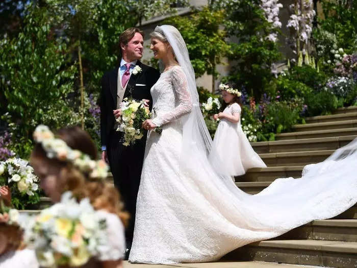 Lady Gabriella Windsor wore a blush Luisa Beccaria gown instead of the traditional white for her wedding to Thomas Kingston in 2019.