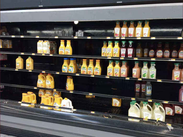 "Ramen, pasta, sugar & oil all looking low," Danna tweeted. "Juice, canned goods & whatever is normally on that other section also looking a bit bare this morning."