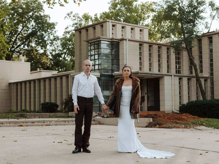 The bride then removed her red leather jacket and took pictures in her grandmother