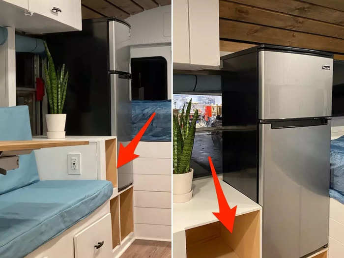 Next to the couch, the fridge has custom-built cubbies.