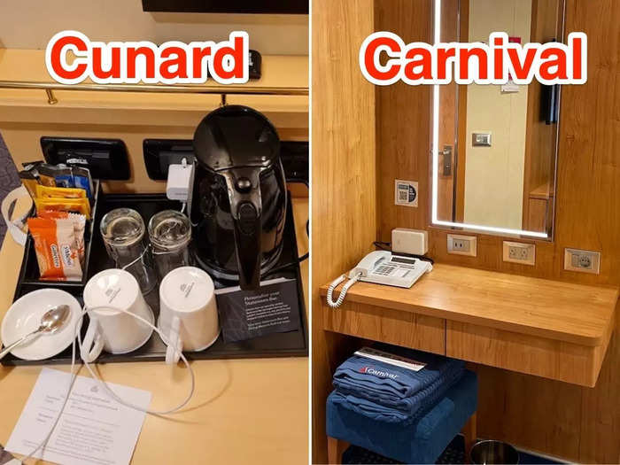 There were a few differences inside their cabins. A bottle of wine and coffee were waiting for Mikhaila on the Queen Elizabeth, but Monica had 33 more square feet in her room on the Carnival Vista.