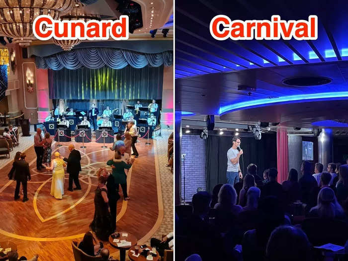 Guests on the Queen Elizabeth could fill their days with activities like ballroom dancing, jazz, and theater. On the Carnival Vista, karaoke and trivia were popular pastimes.