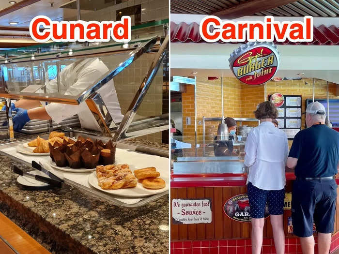 The Carnival Vista had typical American eateries like a burger joint and smokehouse, while the Queen Elizabeth had an afternoon tea station in the buffet restaurant.