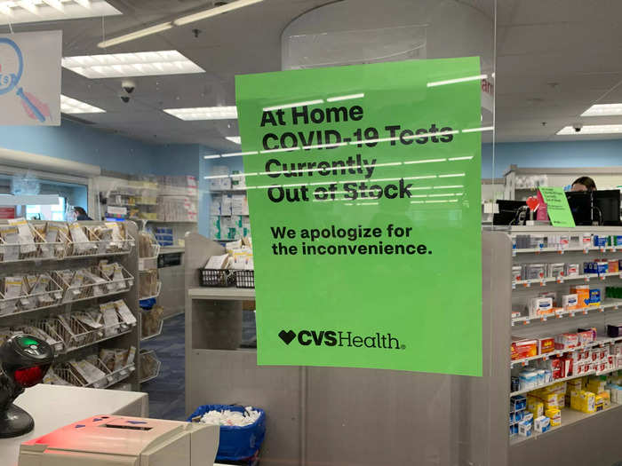 Signs throughout the pharmacy area told customers that there were no COVID-19 tests for sale.