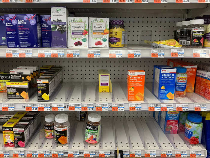 Like Walgreens, products with immune system-boosting claims seemed to be running low.