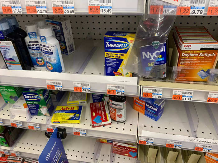 Cold medicine and pain reliever shelves seemed messy and picked over.