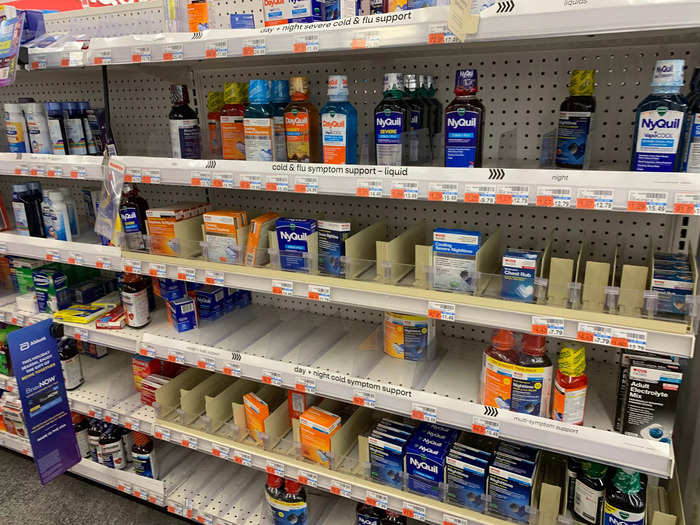 The store was set up very similarly to Walgreens, with empty shelves mostly limited to the cold medicine section.