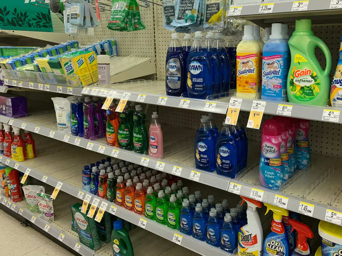 Some cleaning products, like soap, detergent, and Febreze spray seemed less stocked than normal, although there were still some available.