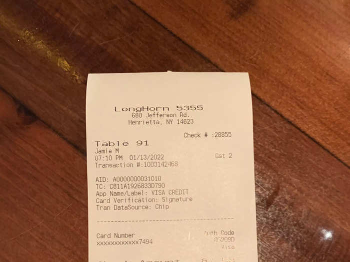 For two steak entrees, a drink, and an appetizer, our check came to about $100 with tip.