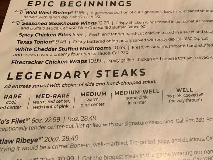 Cooking steaks that make customers happy is key to a place like Longhorn, so the menu has specific descriptions of ways to order to make sure there are no misunderstandings.