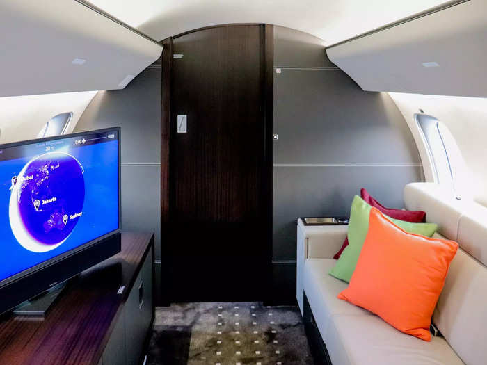 Once the meals and meetings have ended for the day, the entertainment suite awaits passengers with a veritable home living room experience in the sky.