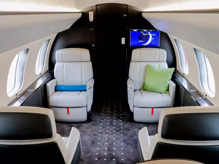 The club suite is the first living area to welcome passengers comprised of four seats in total. The configuration is standard on all large-cabin private jet aircraft like the Global 7500.