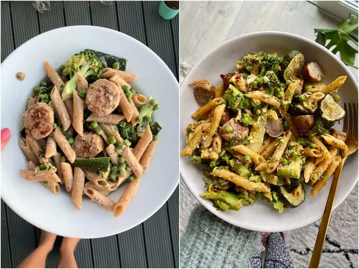 7. Chicken sausage pesto pasta with veggies