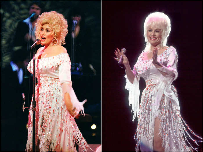 So nice she wore it twice: Parton stunned in this beaded white dress in 1983 and again in 1986.