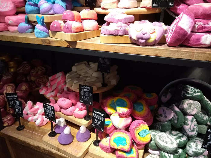 Behind this were rows of bubble bars, which look like bath bombs but are used by crumbling off small pieces into the tub to create a bubble bath.