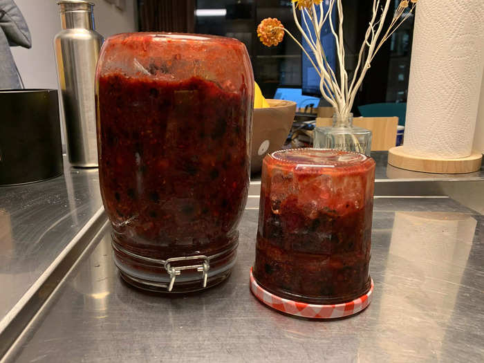 The final step before your jam is ready to be refrigerated and tasted is letting it sit upside down for a few hours. Opa said this helps keep the large chunks of fruit from sinking to the bottom.