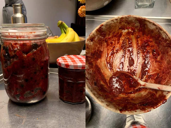 Once I felt the jam was sufficiently mixed, I added it to my jars and scooped up sugary liquid remnants from the bottom of the bowl.