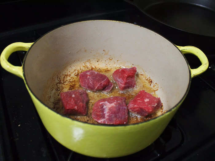 I then added the beef cubes to the bacon fat and seared it on all sides.