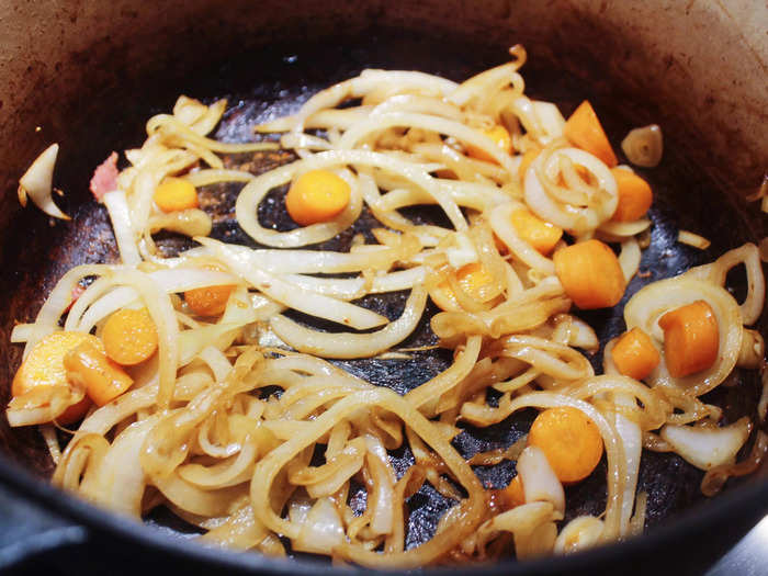 I then started sautéing the onions and carrots in the beef fat.