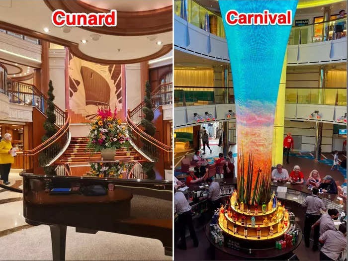 The Queen Elizabeth also had a grand piano in its lobby. On the Carnival Vista, the majority of the lobby was dedicated to a bar.