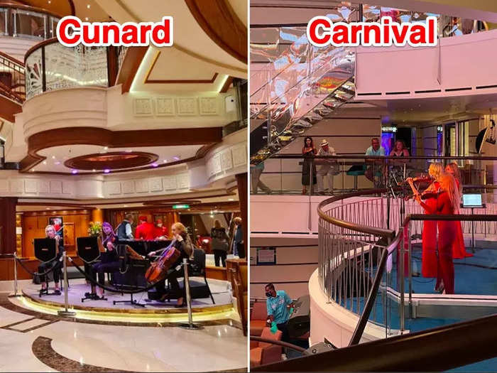 Both reporters saw violinists playing in the lobby on each ship.