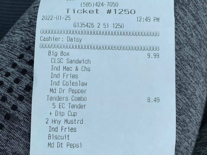 My KFC meal totaled about $20 for a box with a sandwich, three sides, and a drink, plus a chicken tenders combo meal.