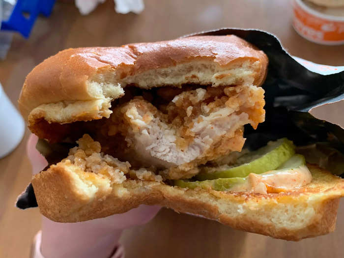 The sauce, the pickles, the breading on the sandwich — it