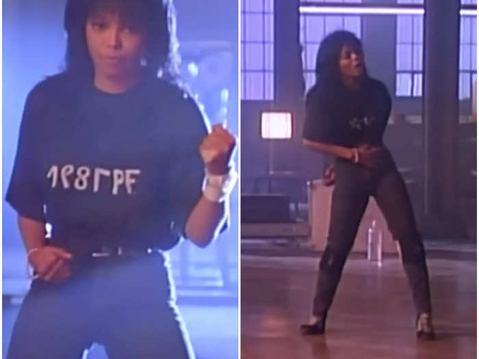 Jackson teased her fierce, tough side with a simple black T-shirt and jeans in the "Pleasure Principle" music video.