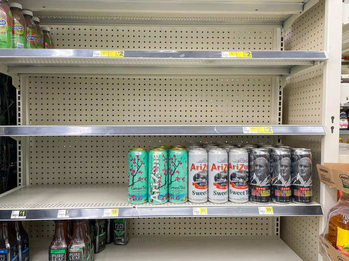 There were several gaps on shelves in the store.