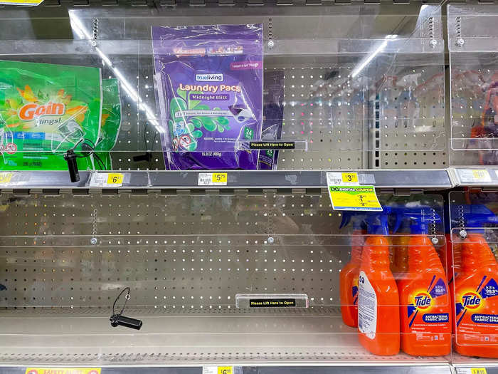 Some cleaning products were stored behind perspex panels for kids