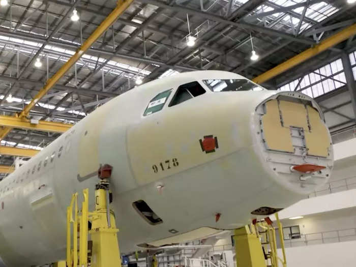 After the fuselage is connected, the result is known as the "cigar" which weighs over 28,000 pounds, it is moved to a different part of the factory where the wings and tail are attached.