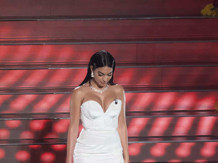 Rodriguez ended the 2020 Sanremo Music Festival in a chic strapless dress with a plunging neckline and thigh-high slit.