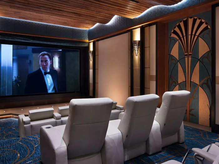 Throughout the home are themes of Art Deco. The cinema, for instance, is inspired by Hollywood